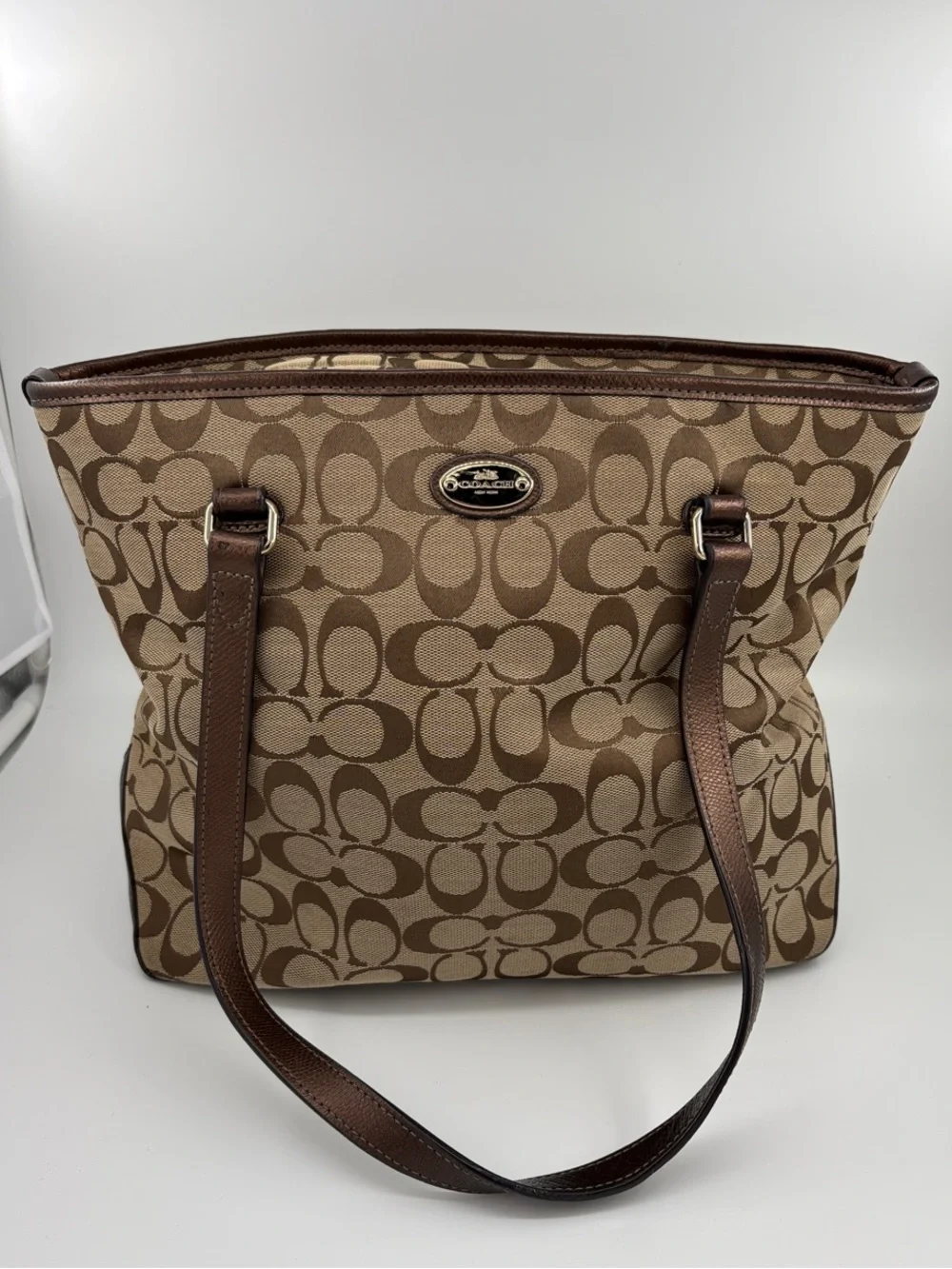 Coach Beige Brown Signature Canvas Tote with Dark Brown Straps